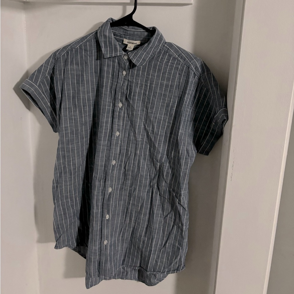 Short sleeve, blue and white vertical striped button up.